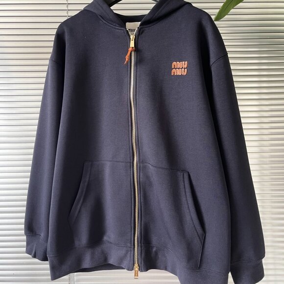 Miu Miu Tops - MIU MIU SS24 Logo Print Zip-Up Hooded Long-Sleeve Sweatshirt for Women